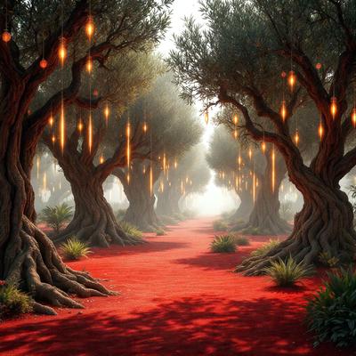The primary subject of the image is a red path surrounded by trees. The setting is a forest with a red dirt path, and the visual style is digital art. The dominant colors are red and green, creating a vibrant and lively atmosphere.